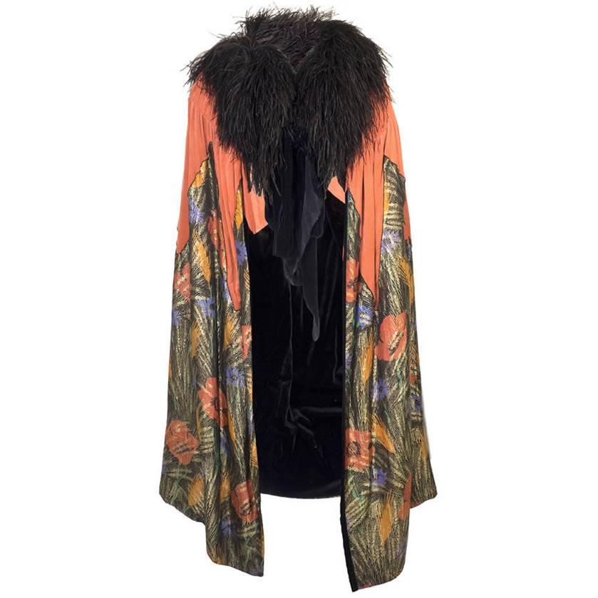 1920s Burnt Orange Silk Velvet Cape with Floral Lame and Ostrich Feathers