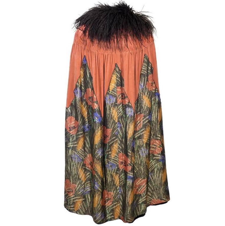 1920s Burnt Orange Silk Velvet Cape with Floral Lame and Ostrich ...