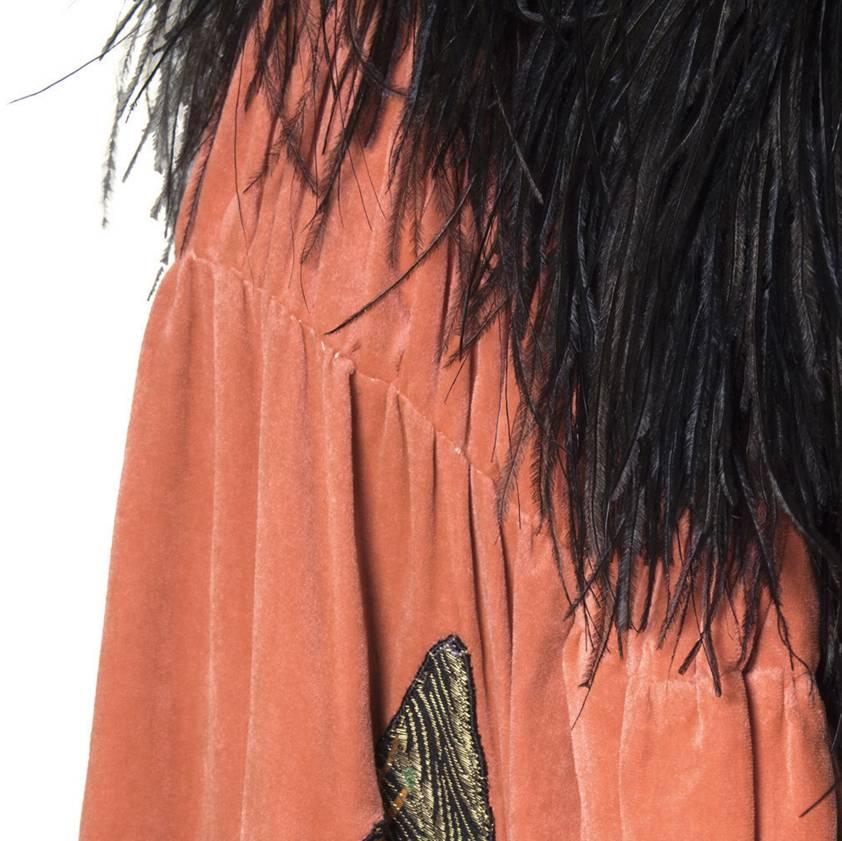 Black 1920s Burnt Orange Silk Velvet Cape with Floral Lame and Ostrich Feathers