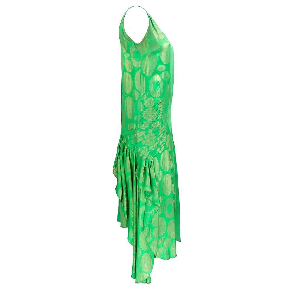 1920s Emerald Green Floral Lamé Party Dress with Cascading Ruffles In Excellent Condition For Sale In Los Angeles, CA
