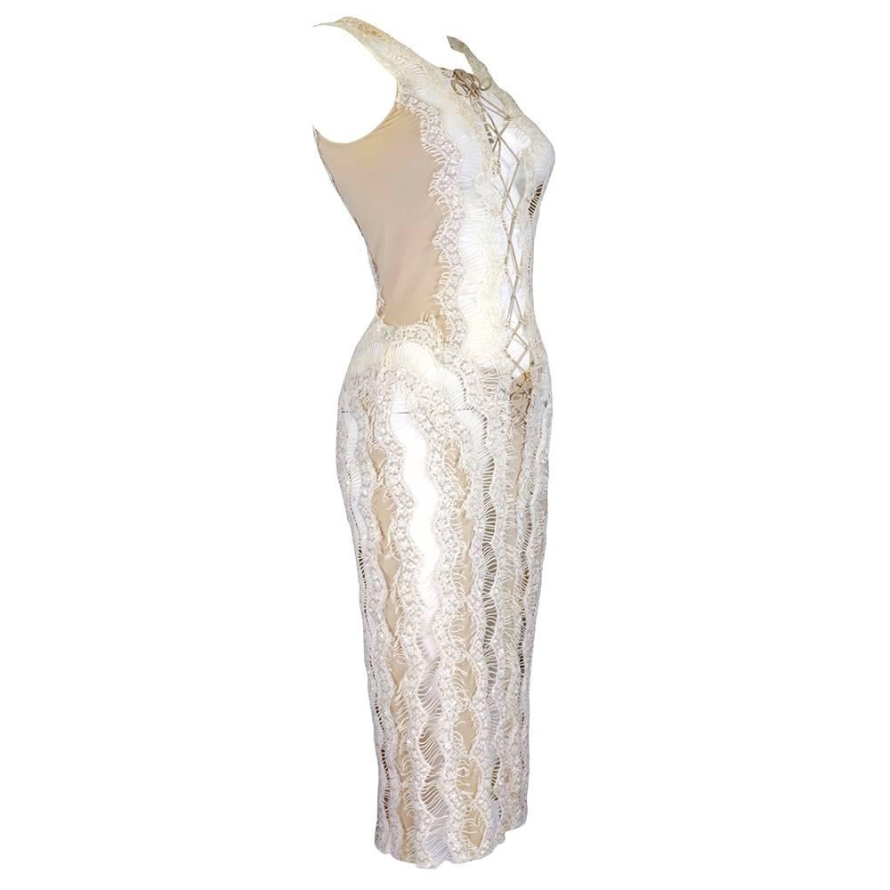 Beige 1990s Gianfranco Ferre Nude Silk Jersey Illusion Dress with Sequined Lace