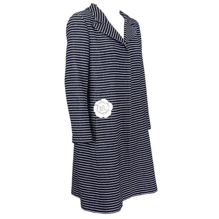 Chanel Lightweight Striped Overcoat with signature Camellia at 1stDibs