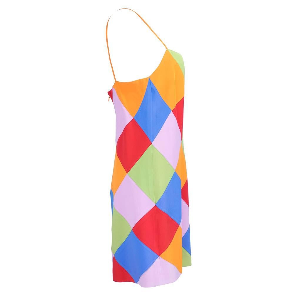  Multi-color patchwork mini dress by cult favorite designer of the 1990s Christian Francis Roth. Whimsical harlequin motif in a great lightweight summer frock. Fully lined.