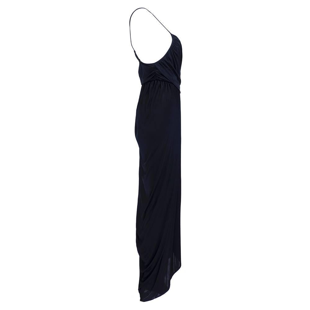 1990s Alexander McQueen viscose jersey high waisted wrap style goddess gown. Slinky and sexy with high slit by the iconic designer. Great summer weight effortless formal piece. Side zip closure with criss cross halter back.