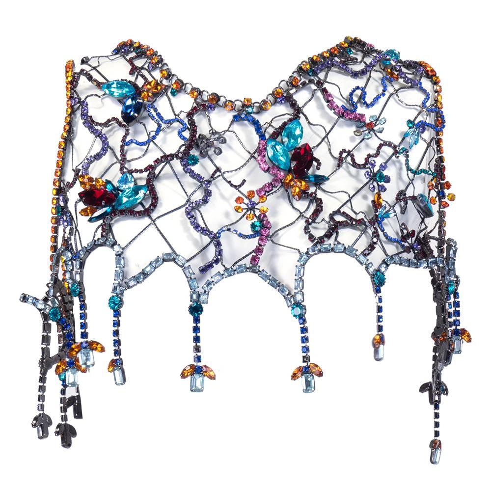 Unlabelled Artisanal Amazing chain web bolero with multi-color rhinestone embellishments. Can be worn either way - with box clasp closure. Stunning one of a kind piece. Measurements are approximate.