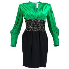 1990s Lanvin Green and Black Silk Cocktail Dress