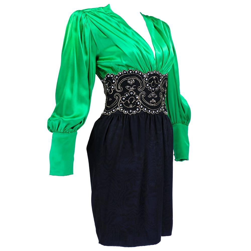 1990s Lanvin Green and Black Silk Cocktail Dress For Sale