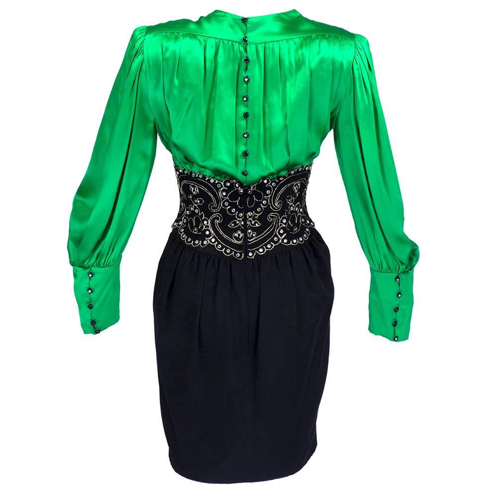 Women's 1990s Lanvin Green and Black Silk Cocktail Dress For Sale