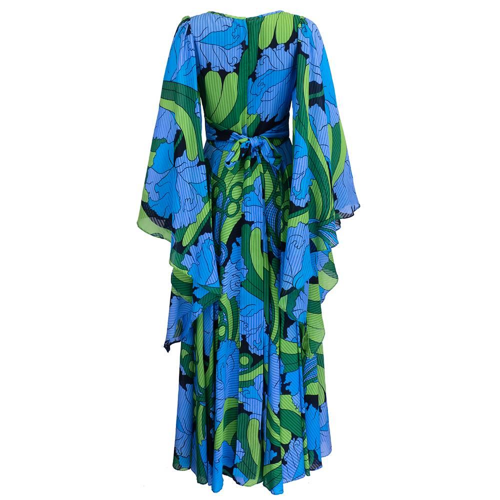 Blue 1970s Jean Varon Psychedelic Full Length Gown