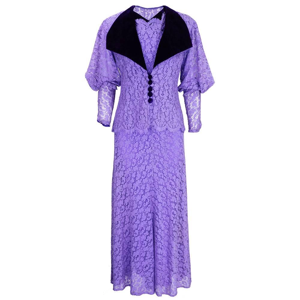 1930s Lilac Lace Gown with Matching Jacket For Sale