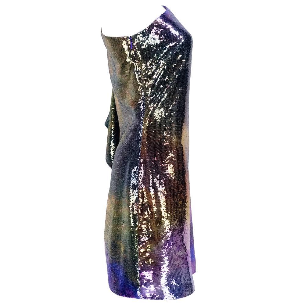 Incredible heavily sequined one shoulder mini dress in rainbow colors with silk celestial lining. 