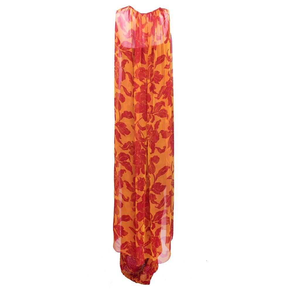 1990s orange and red floral print gown with 