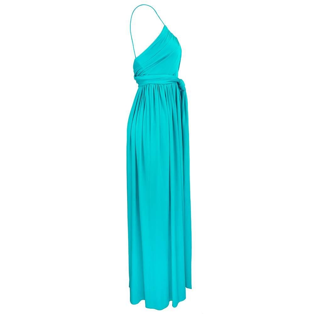 Blue 1970s Donald Brooks Teal Jersey Full Length Dress For Sale