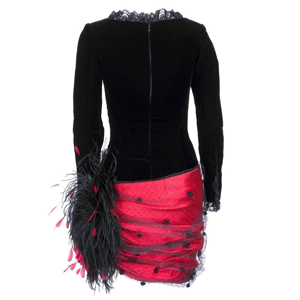 1980s  saloon girl style haute couture Guy Laroche cocktail dress in black velvet, red satin, tulle and feathers.