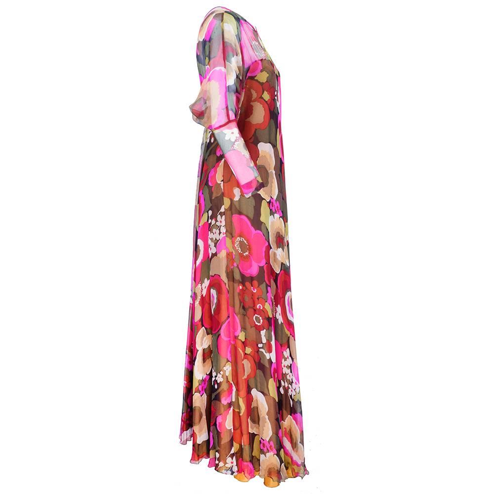 Pink  Yuki Floral 1970s Silk Chiffon Gown For Sale