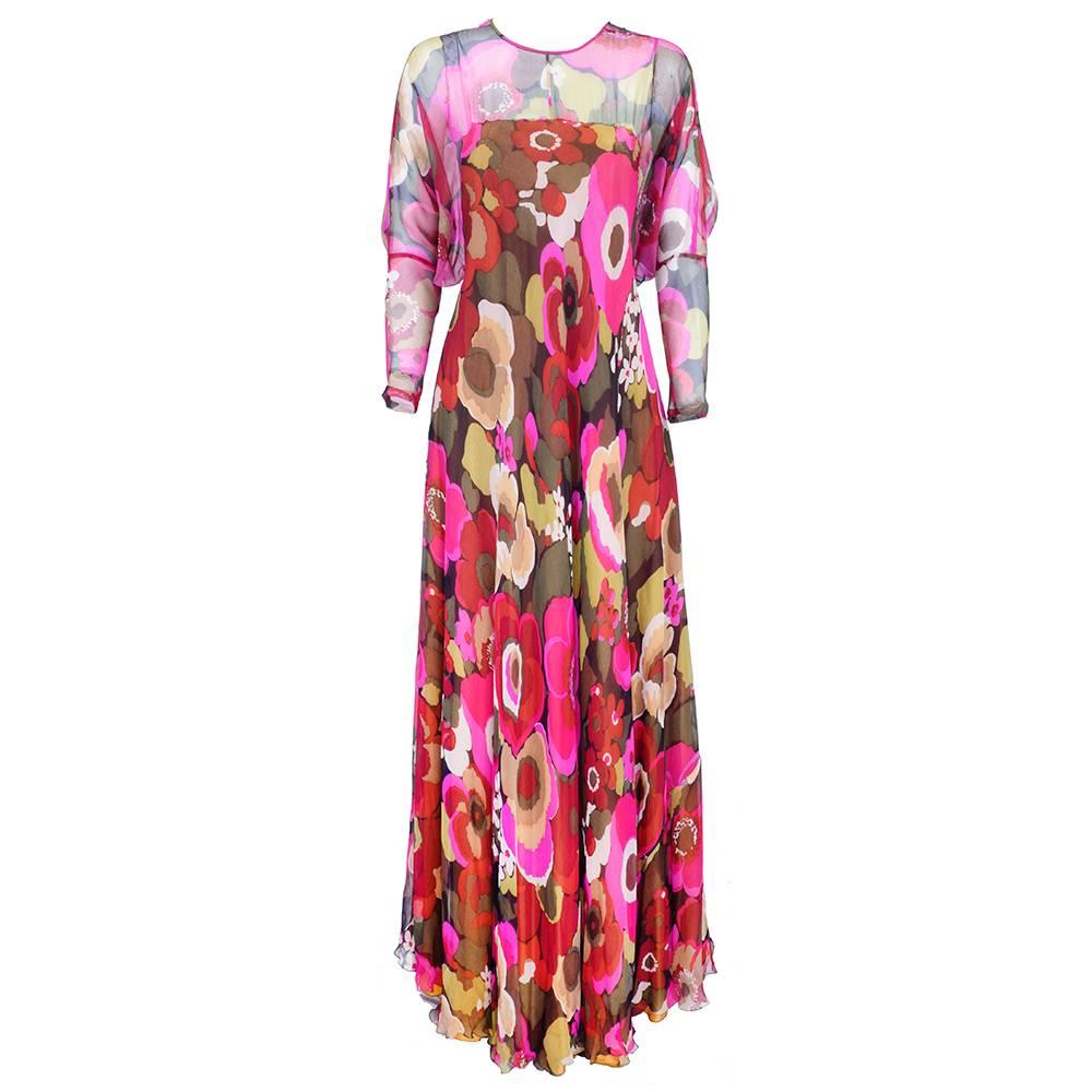  Yuki Floral 1970s Silk Chiffon Gown For Sale