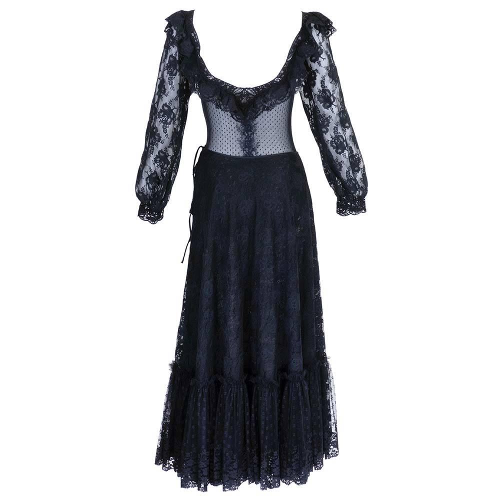  Giorgio Sant'Angelo 1970s Black Lace Peasant Ensemble In Excellent Condition For Sale In Los Angeles, CA