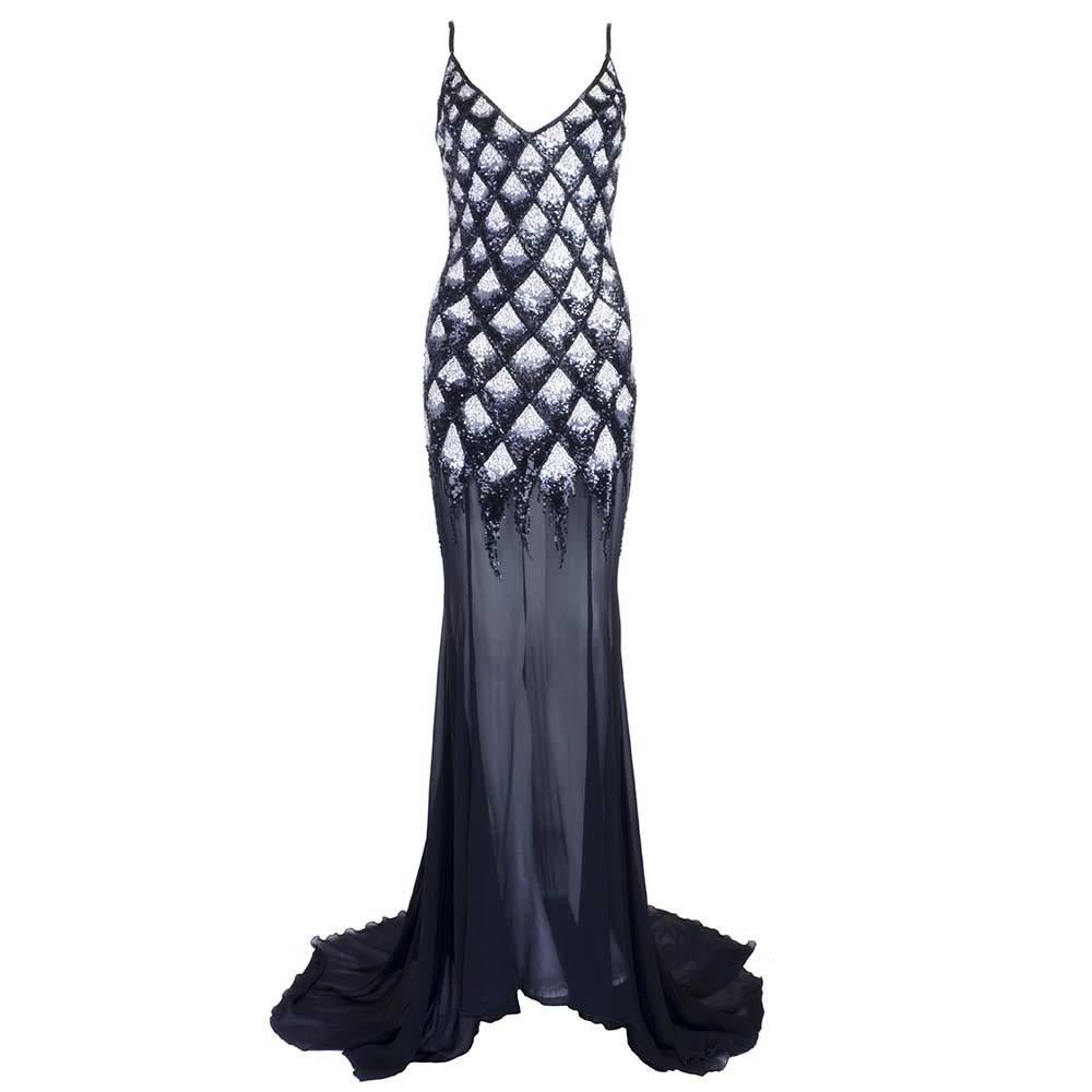Unlabelled 1990s Body Conscious Evening Gown with Sheer Skirt with Train For Sale