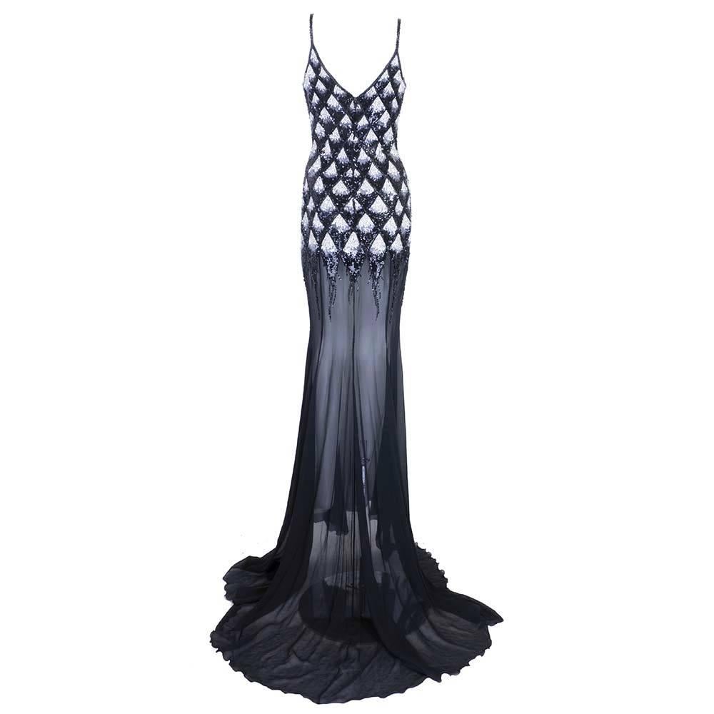 Black Unlabelled 1990s Body Conscious Evening Gown with Sheer Skirt with Train For Sale