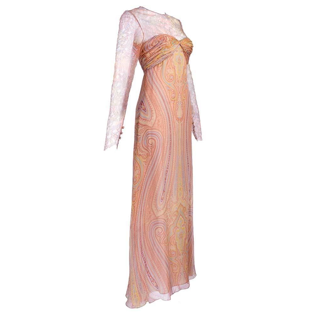 Bill Blass 1980s Lace and Chiffon Paisley Gown For Sale