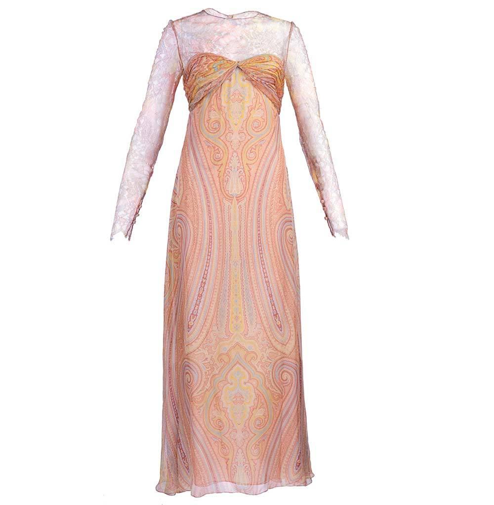 Delicate and feminine Bill Blass gown in multi-color lace and chiffon with light toned paisley print. Sheer lace top with long sleeves and fully lined chiffon body. Perfect summer weight formal. Diaphanous.