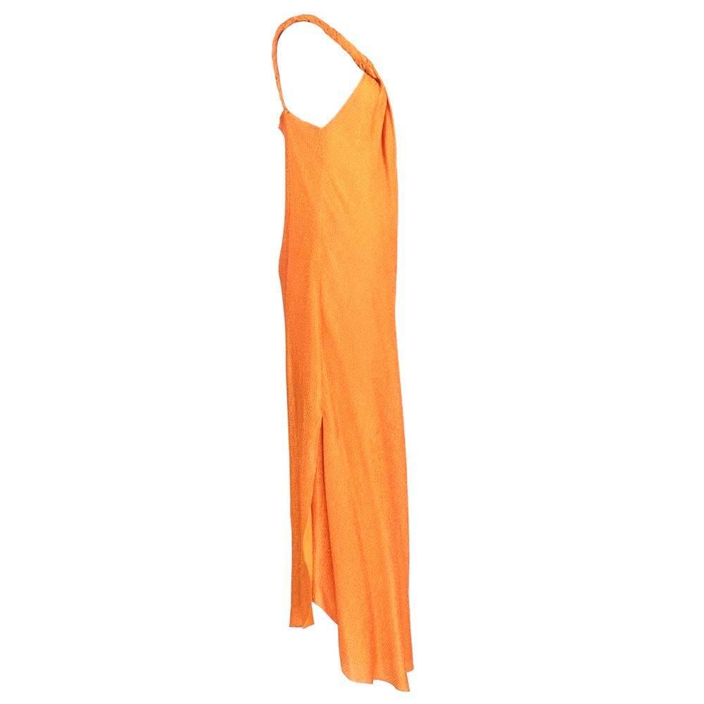 Iridescent orange crepe gown by famed California cool designer Holly's Harp. One shoulder with twisted shoulder strap in classic goddess style with sexy side slit.