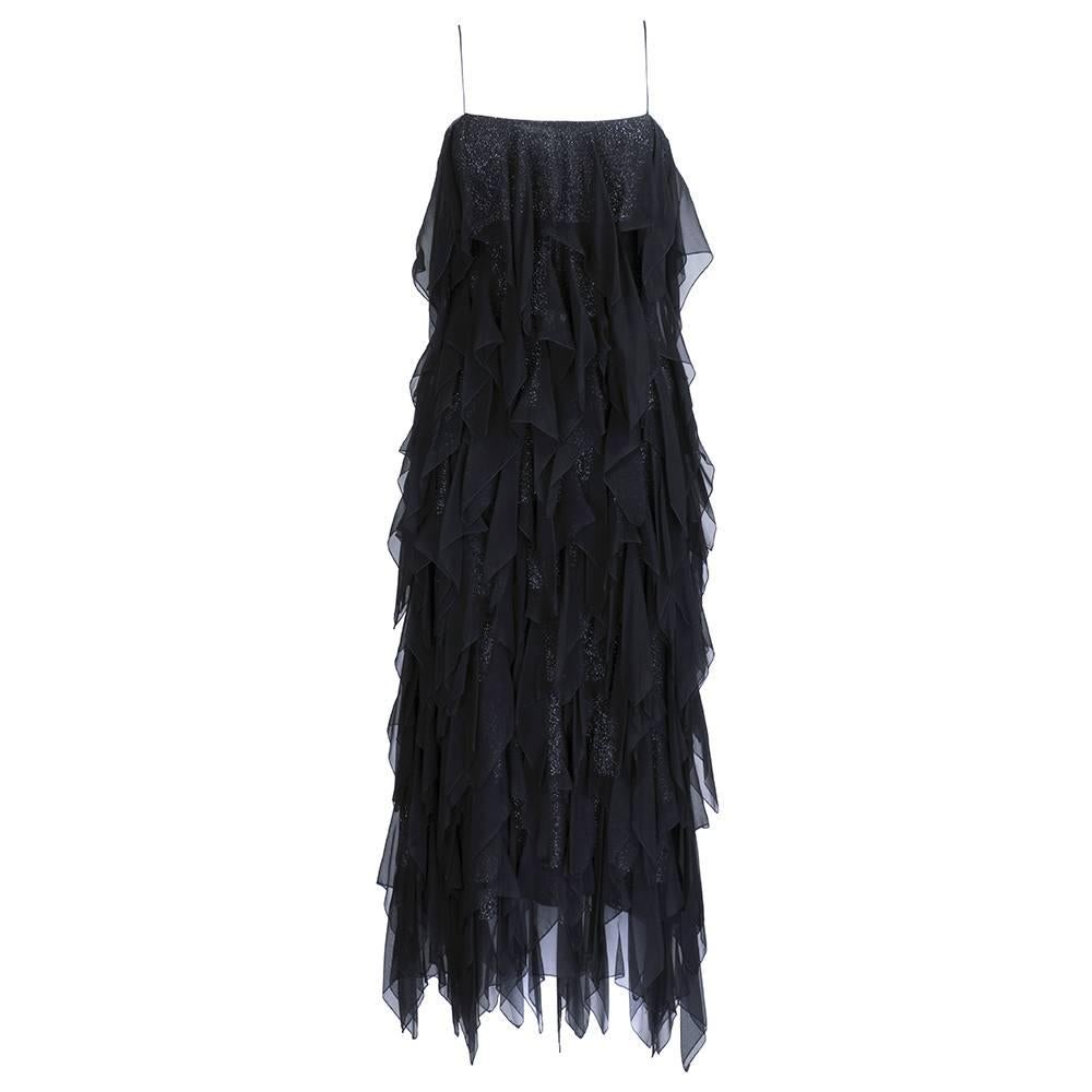 1970s Black Tiered Chiffon Gown Attributed to Stavropoulos For Sale
