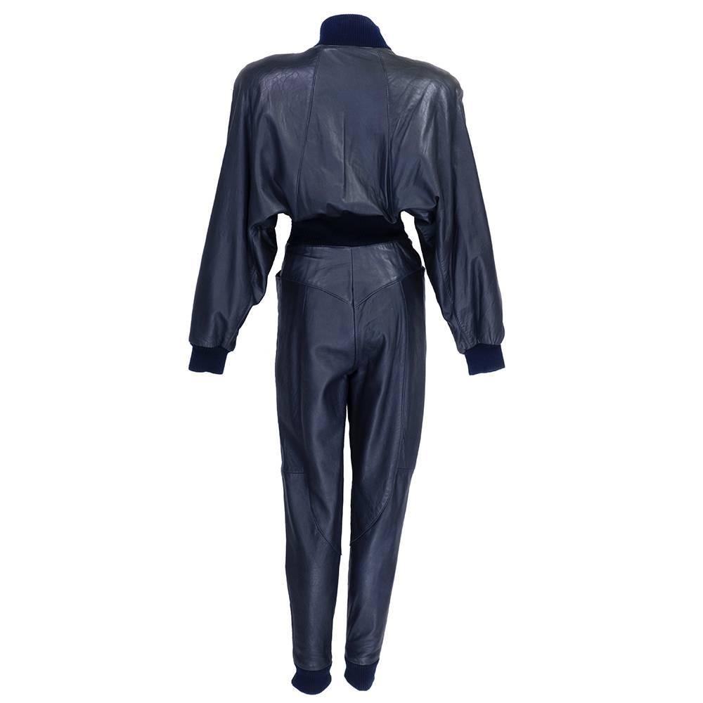 blue leather jumpsuit