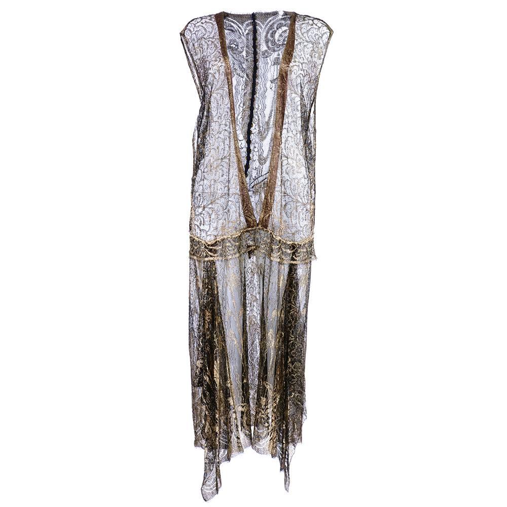 Gray 1920s Gold Bullion Sheer Lace Dress For Sale