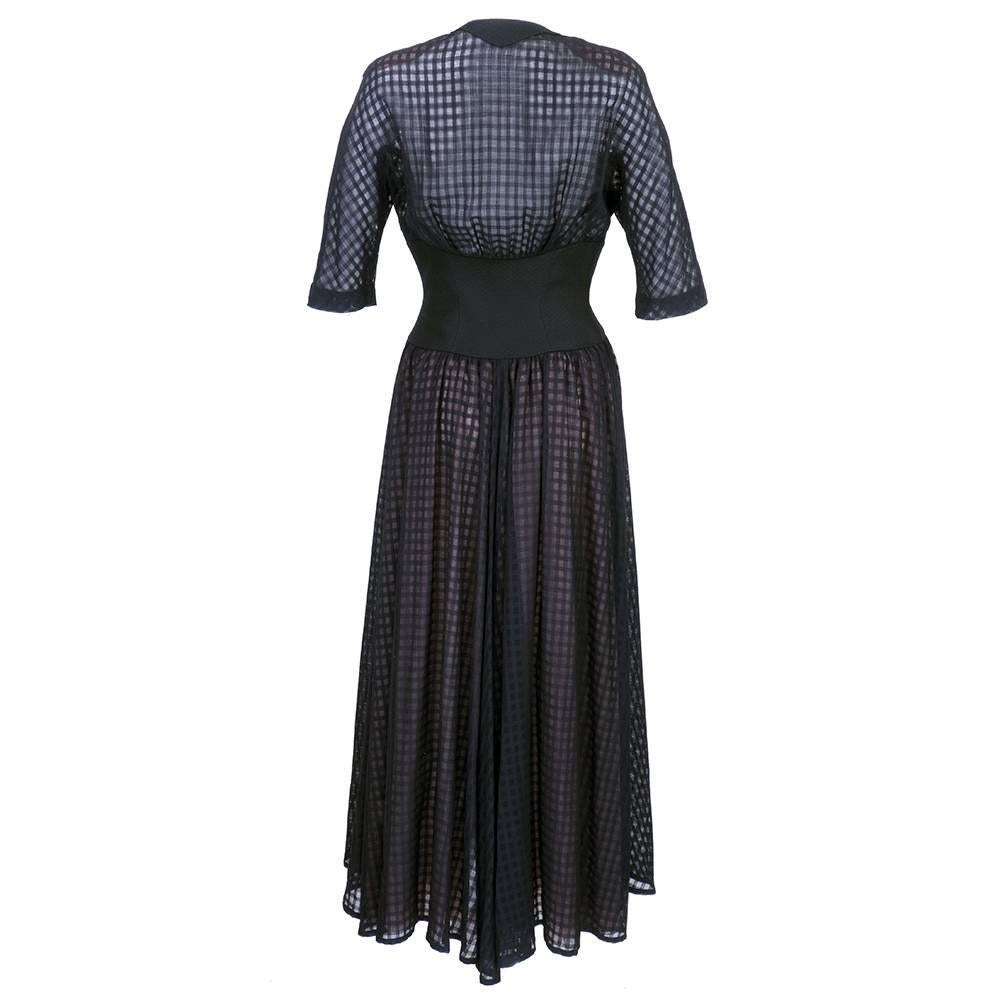 1990s Thierry Mugler Maxi Corset dress. Peasant style  with sheer bodice and lined full skirt. Snap front closure. Sexy and sweet. Sheer woven fabric with peek-a-boo neckline.