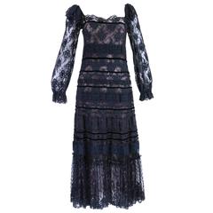 Vintage 1970s Sant Angelo Midi Dress of Black Lace