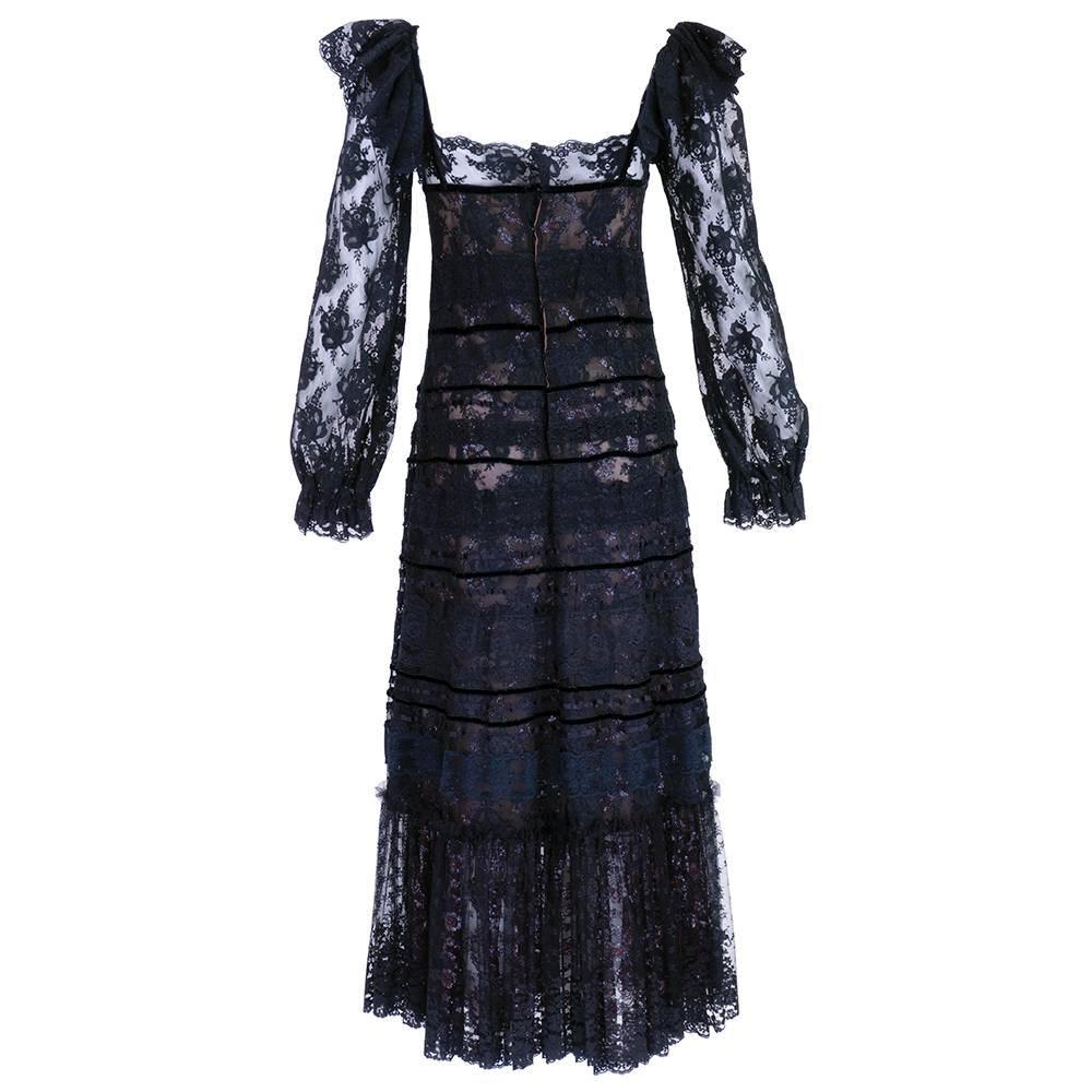 1970s Sant Angelo Midi Dress of Black Lace In Excellent Condition In Los Angeles, CA