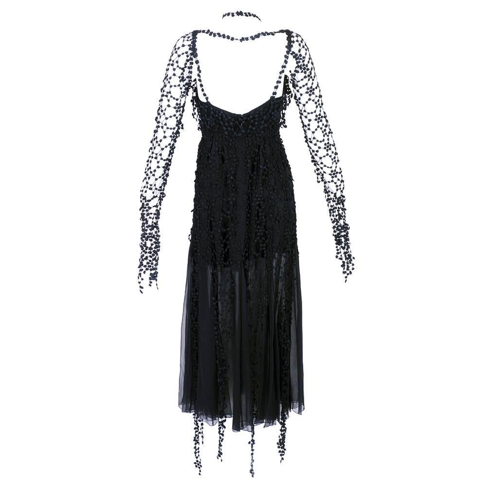 Super stunning  90s dream dress by Karl Lagerfeld.  Delicate spiderweb crochet over sheer chiffon. Intricate neckline makes for a great statement. 100% rayon and 1/2 lined. Wonderfully romantic and gothic.