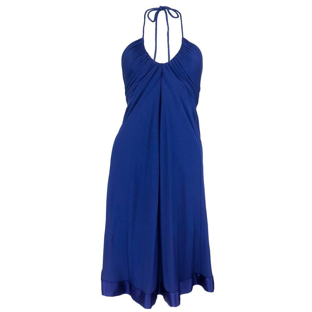 Bill Blass 1970s Blue Jersey Halter Dress with Matching Wrap For Sale