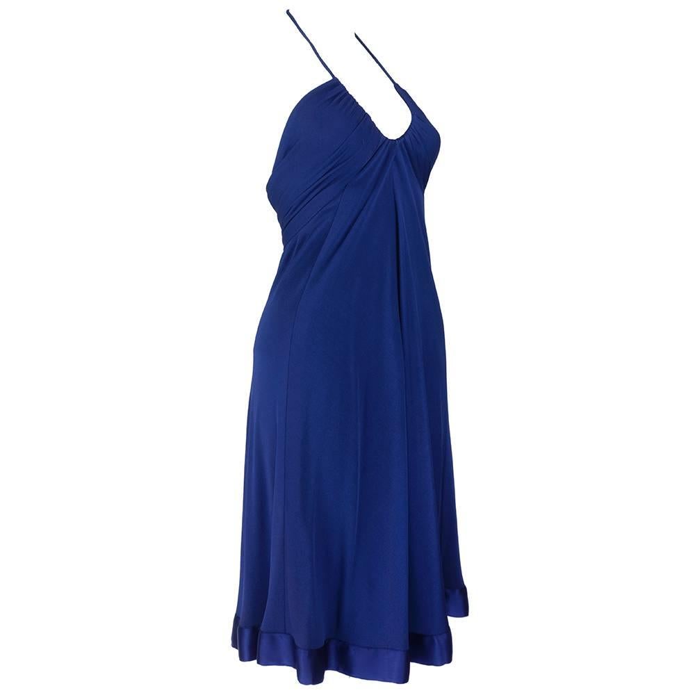 Women's Bill Blass 1970s Blue Jersey Halter Dress with Matching Wrap For Sale