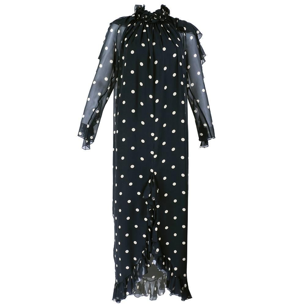 Bill Blass 1970s Black and White Polka Dot Chiffon Gown