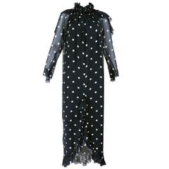 Bill Blass 1970s Black and White Polka Dot Chiffon Gown 10