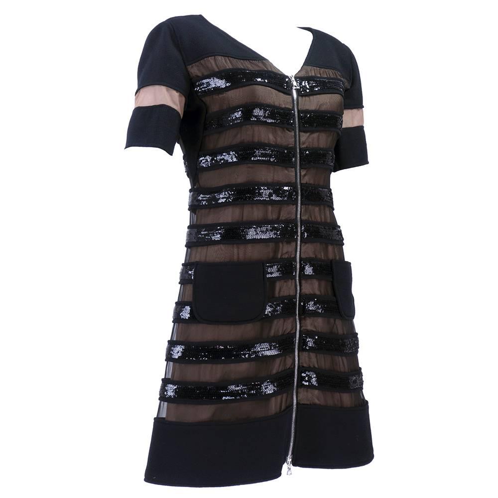 Black Courreges Tulle, Sequin and Vinyl Zip Front Dress For Sale
