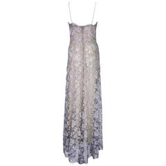 1990s Clavin Klein Silver Lace Gown