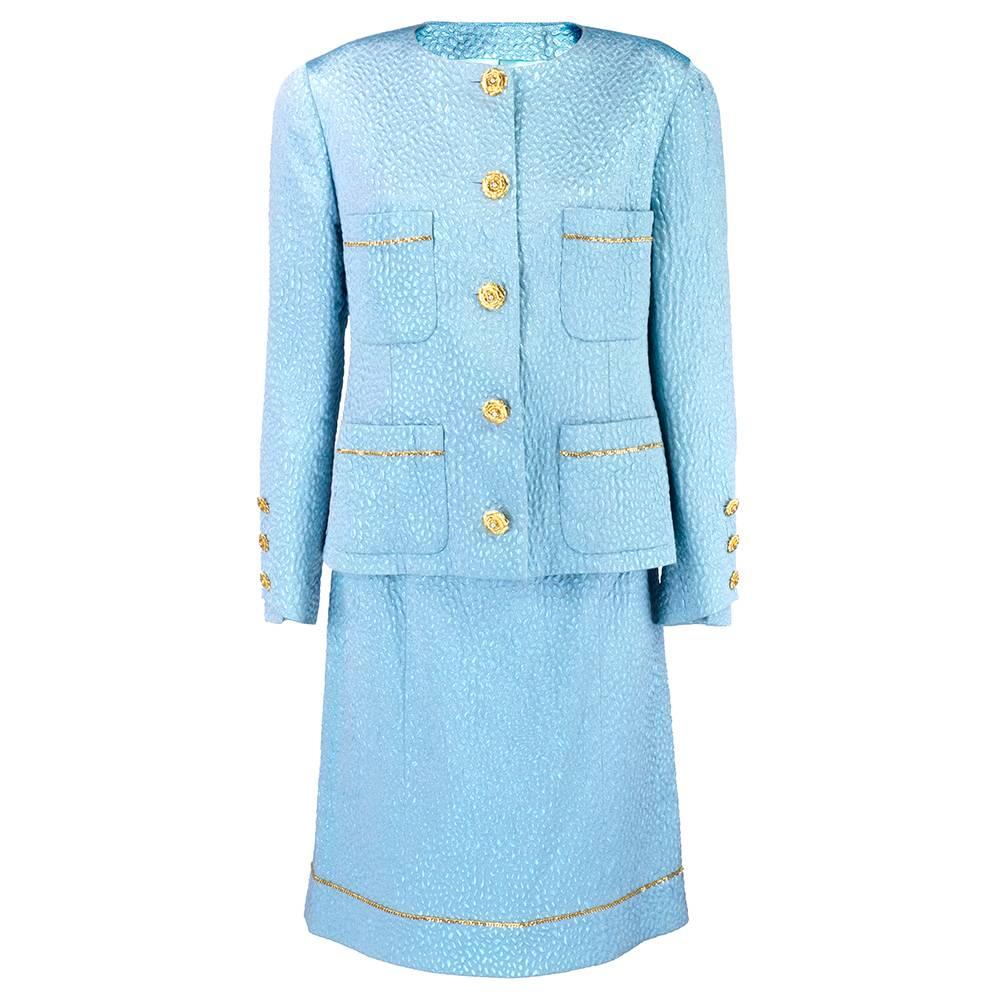 Chanel 1980s Baby Blue Matelasse Suit For Sale