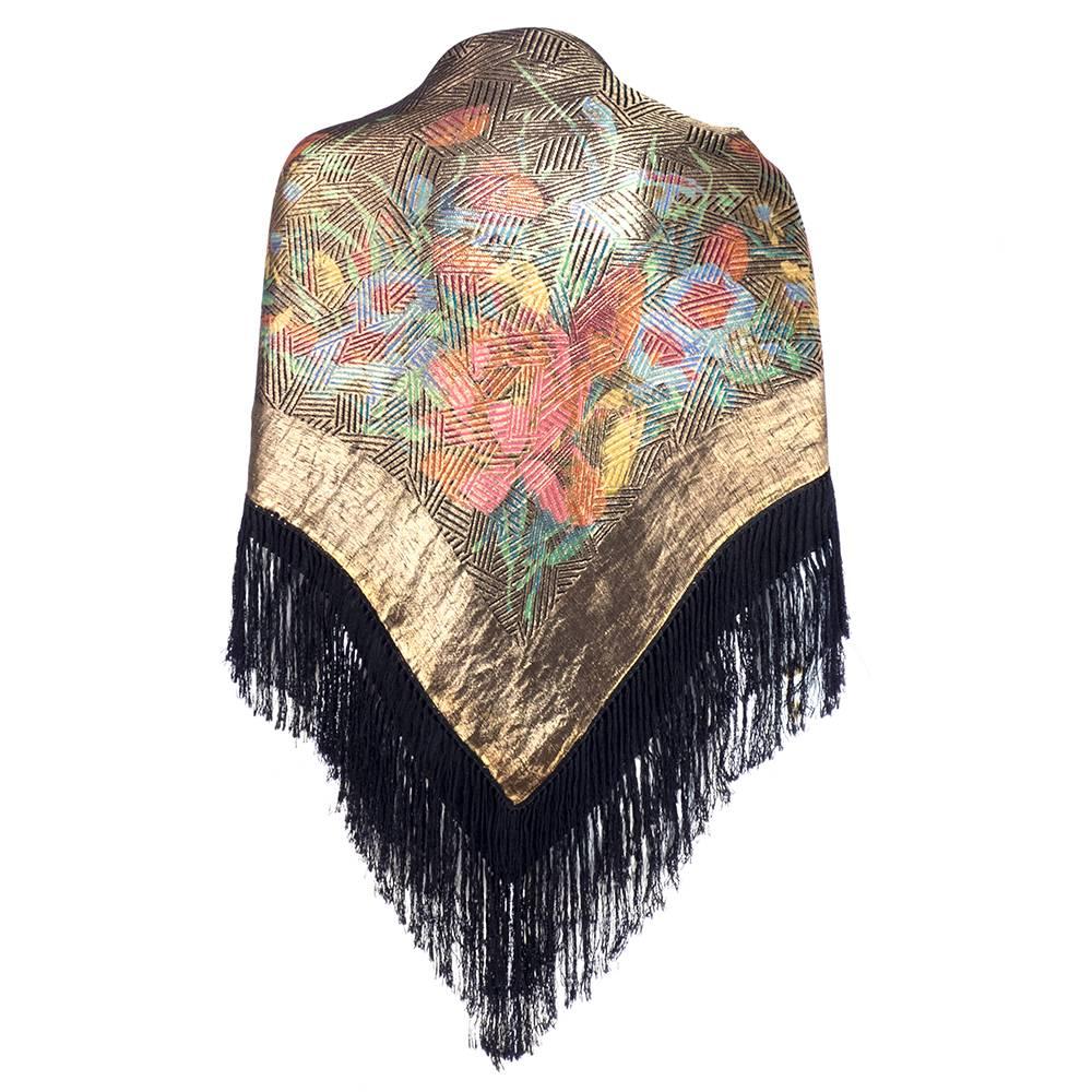 1920s Lame Deco Print Fringed Shawl For Sale