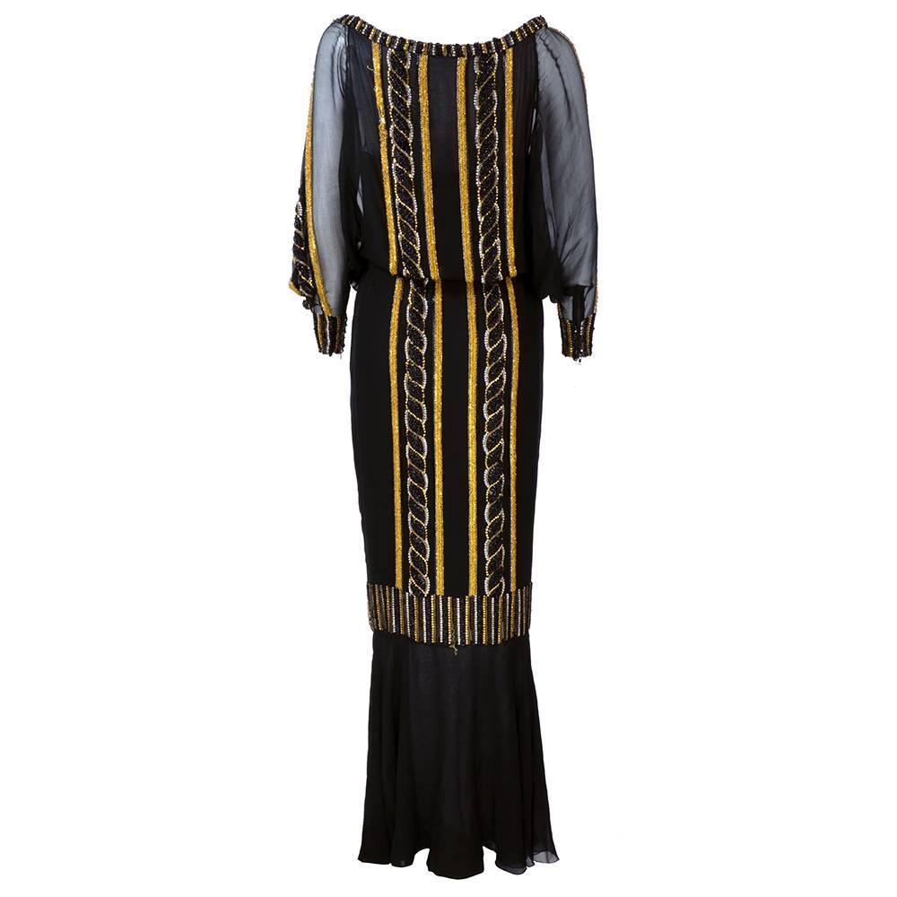 Christian Dior 1980s Heavily Beaded Black Chiffon Gown For Sale