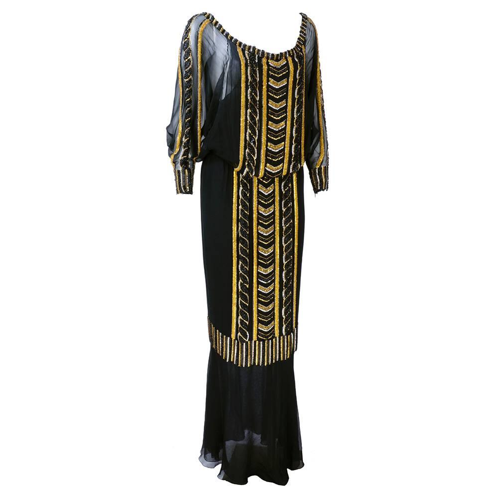 Christian Dior 1980s Heavily Beaded Black Chiffon Gown In Excellent Condition For Sale In Los Angeles, CA