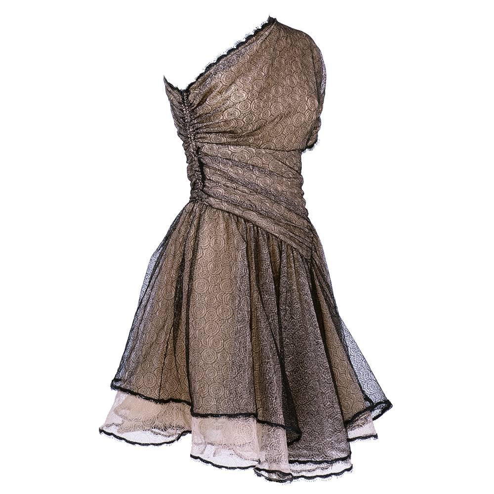 Gray Geoffrey Beene 2000s One Shoulder Lace Cocktail Dress For Sale