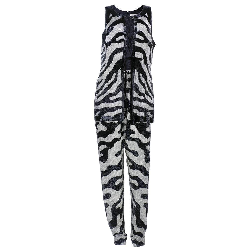 Tomasz Starzewski 1990s Heavily Beaded Zebra Motif Pant Ensemble For Sale