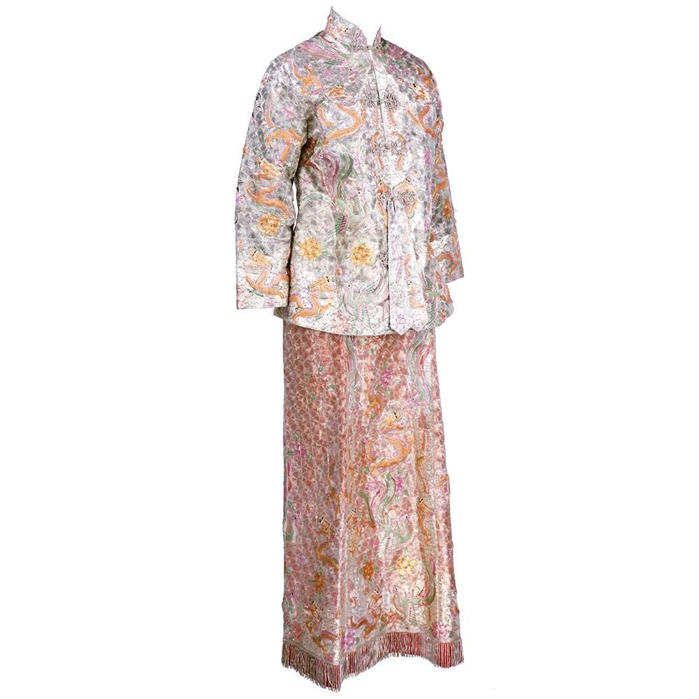 Beige Asian Solid Couched Multi-Color Embroidered Ensemble For Sale