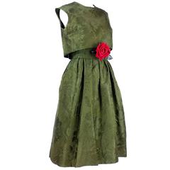 Vintage Adele Simpson 1960s Green Jacquard Dress with Rose