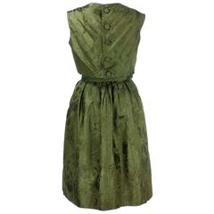 Adele Simpson 1960s Green Jacquard Dress with Rose
