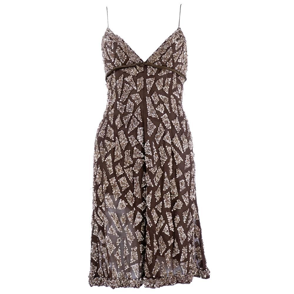 Valentino 1990s Brown Silk Sequin Slip Dress