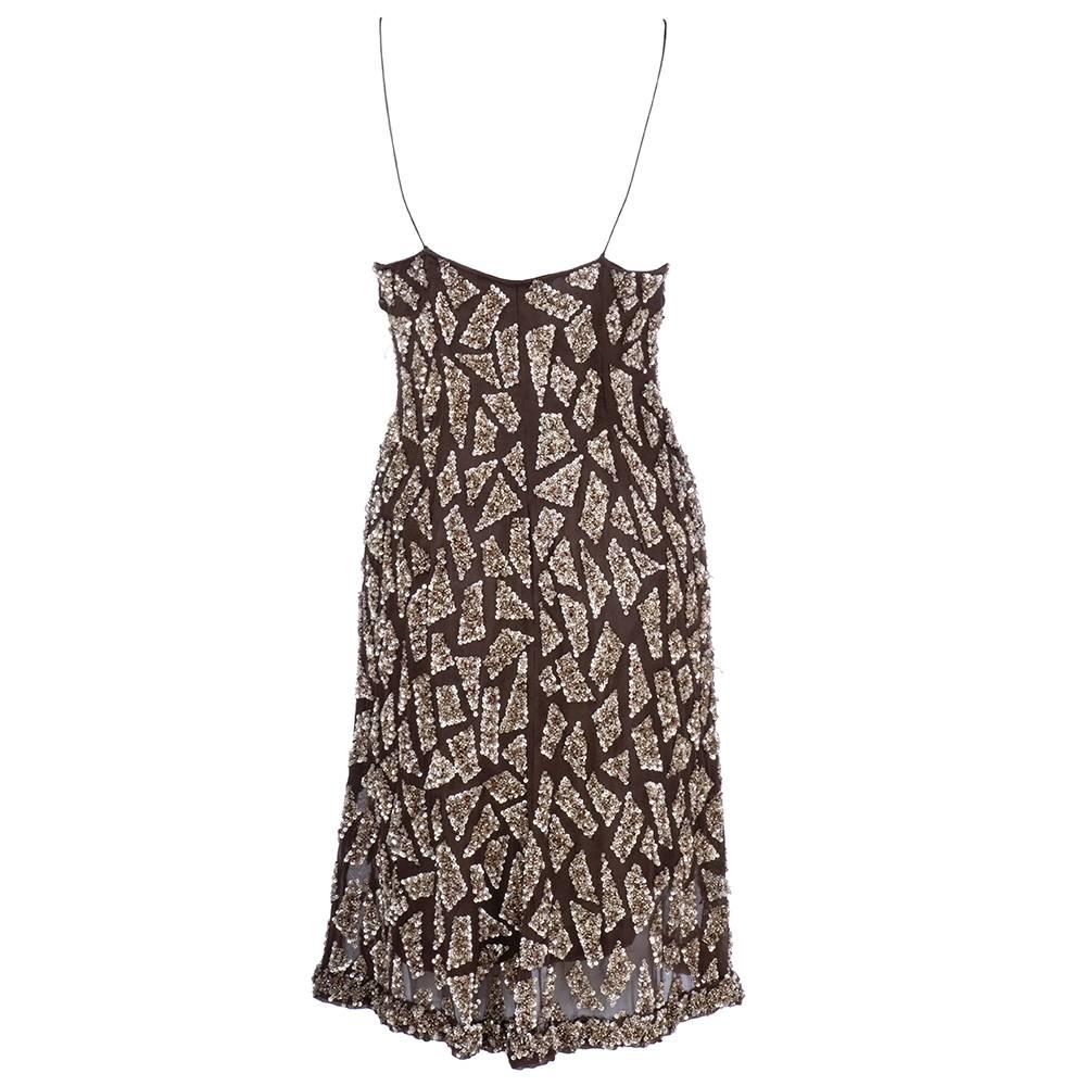 Sexy slip style cocktail dress circa 1990s in brown 100% silk and chiffon encrusted with metallic sequins and beads. Fully lined but still sheer. Great new years eve dress!